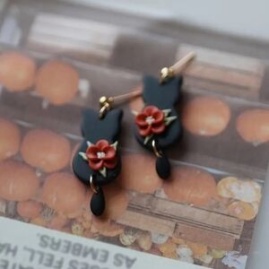 🆕️ Handmade Clay Black and Red Cat Earrings with Floral Design
